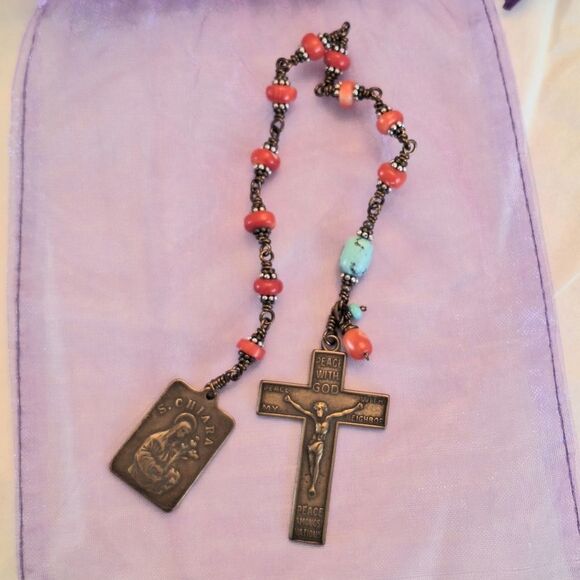 Handcrafted Artisan Turquoise and Coral St Francis Tenner Rosary Ginny Wolf - Picture 12 of 12